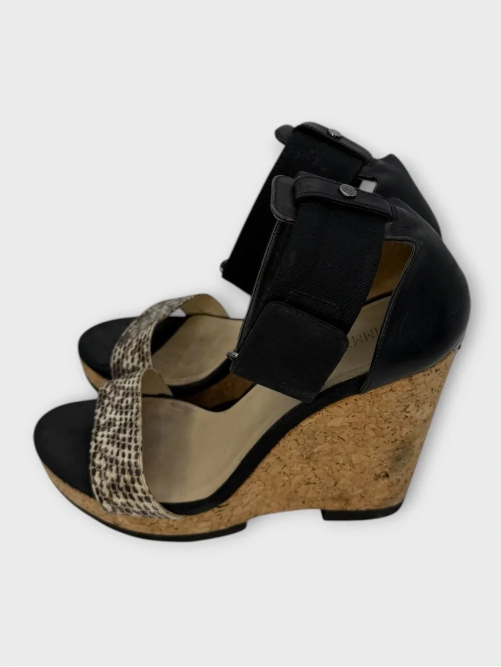 Jimmy Choo Neston Cork Wedge Sandals Snakeskin & Black Leather Euro 41.5 US 10.5